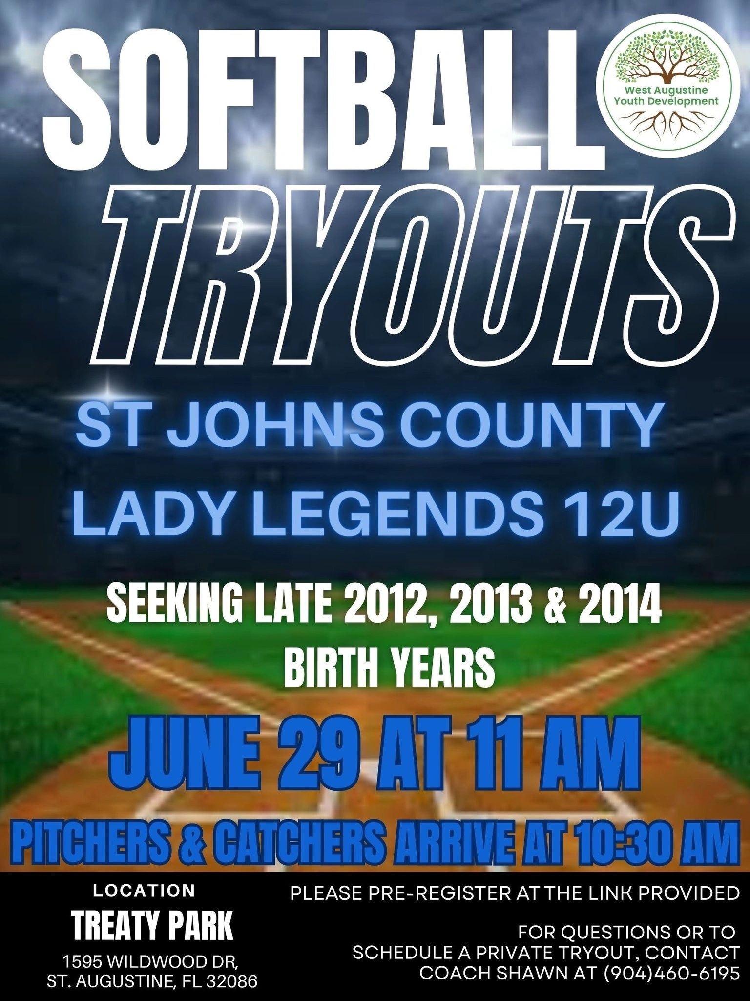 St. Johns County Lady Legends 12U softball tryouts flyer